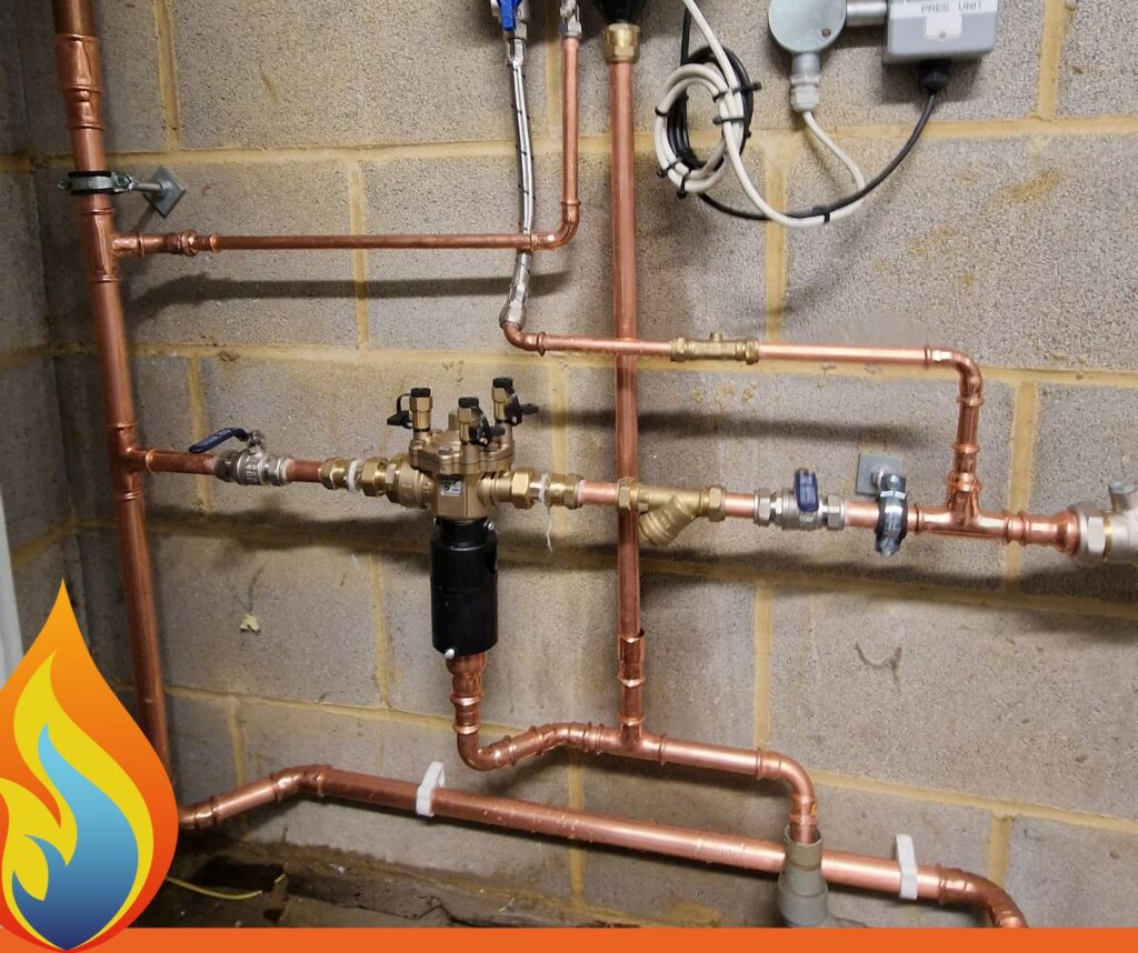 RPZ Valve Testing - this image shows an rpz valve in amongst various pipework