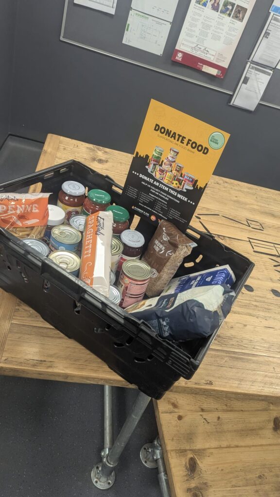 Food donation crate at Elavation Silverstone office supporting MK Food Bank campaign