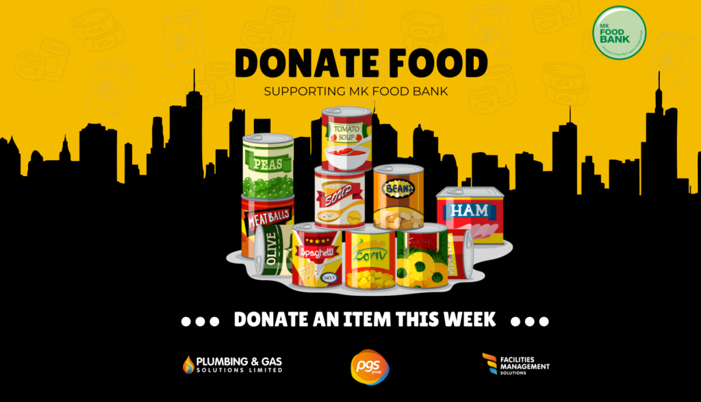 MK Food Bank donation campaign graphic showing food items and Milton Keynes skyline encouraging workplace donations
