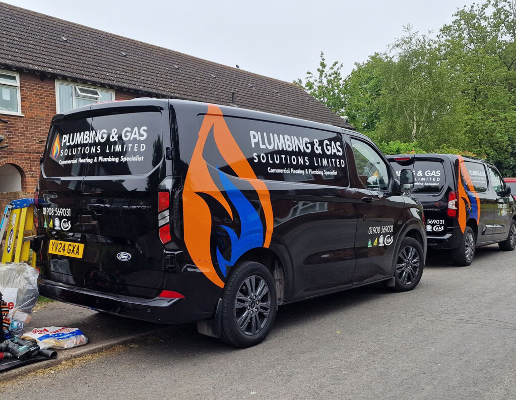 Plumbing and Gas Solutions vans providing boiler repair and plumbing services in Milton Keynes