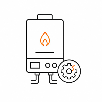 Simple line icon showing boiler component fault or mechanical heating system issue with gear symbol representing domestic boiler diagnostics and repair services in Milton Keynes