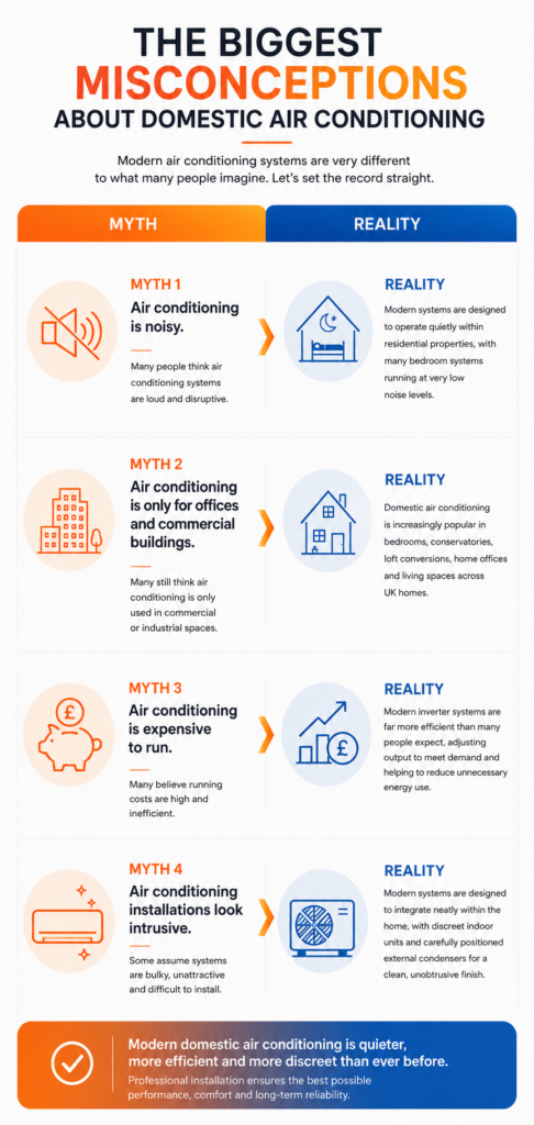 Myth busting infographic explaining common misconceptions about domestic air conditioning including noise, energy efficiency and cooling performance in UK homes.