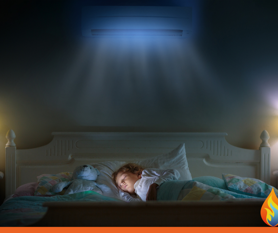 Child sleeping peacefully in a cool bedroom with domestic air conditioning during hot summer weather