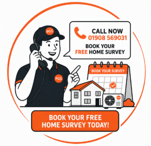 PGS engineer answering a phone call with air conditioning survey booking calendar and free home survey call-to-action illustration.