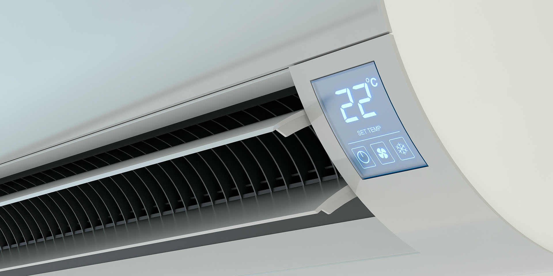Modern wall-mounted domestic air conditioning unit displaying temperature control settings inside residential property in Milton Keynes