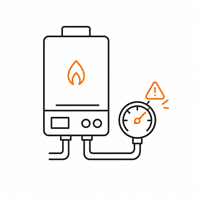 Simple line icon showing domestic boiler pressure warning and heating system fault indicator representing low pressure or boiler repair issues in Milton Keynes