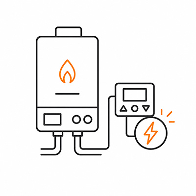 Simple line icon showing boiler electrical fault or thermostat control issue with heating system power warning symbol for domestic boiler repairs in Milton Keynes