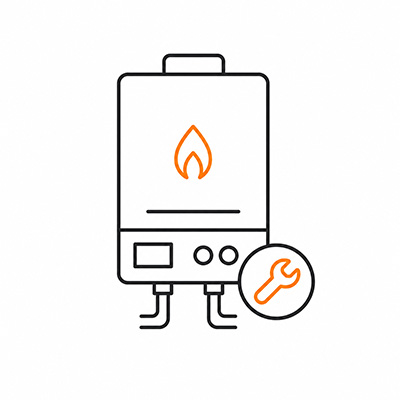 Simple line icon showing domestic boiler servicing and maintenance with repair spanner symbol for professional boiler repair services in Milton Keynes