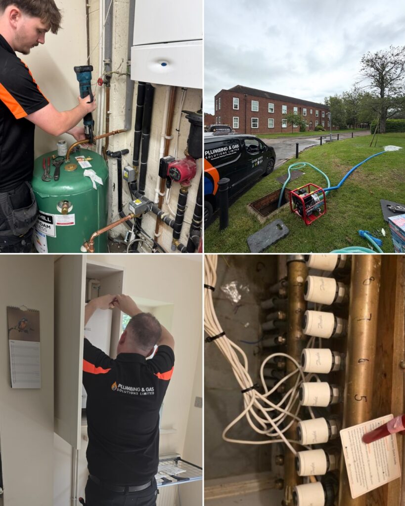 George replacing a faulty indirect hot water cylinder, Harvey installed a new sump pump, Hugh installed an LPG boiler and we installed underfloor heating controls.