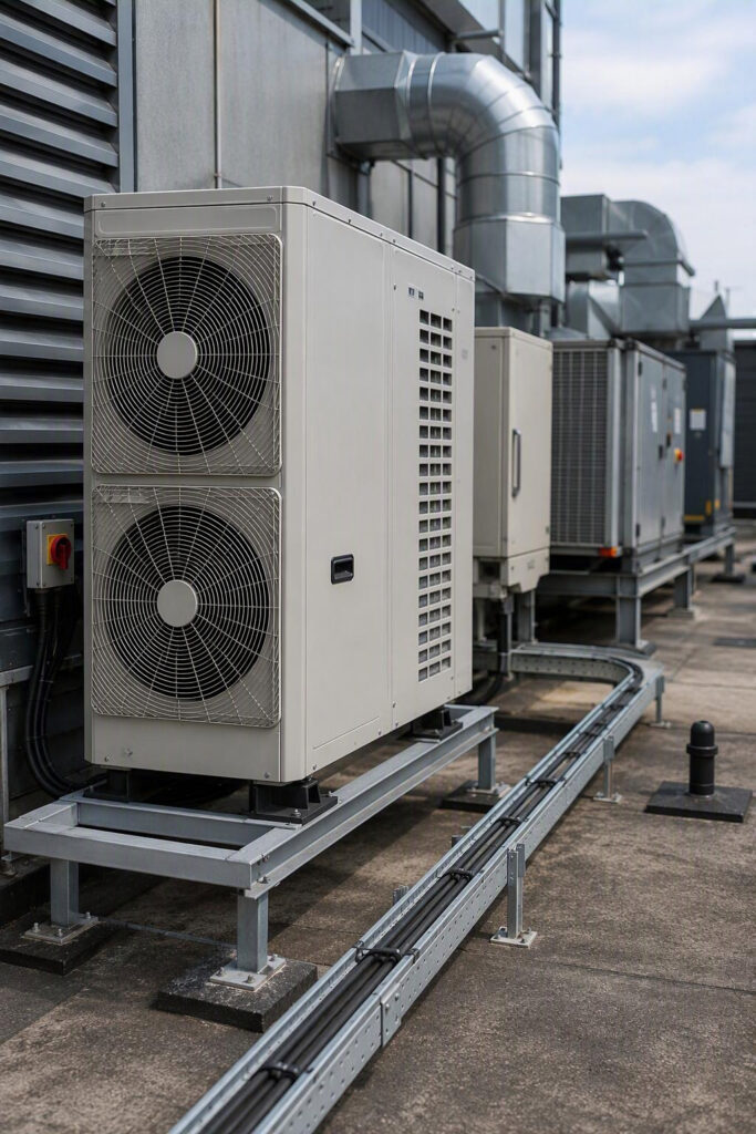 Outdoor air conditioning units installed on the roof of a commercial building