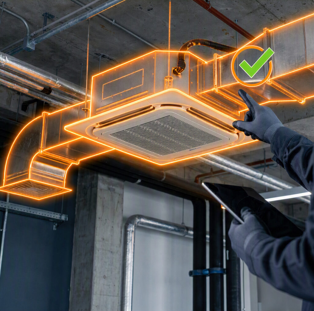 Ceiling-mounted air conditioning unit and ventilation ductwork being inspected in a commercial building