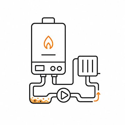 Boiler Repair Services Milton Keynes icon 2 Simple line icon showing boiler system sludge and circulation problems affecting heating flow through radiators and pipework in a domestic central heating system in Milton Keynes