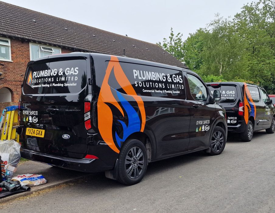 Plumbing and Gas Solutions vans providing boiler repair and plumbing services in Milton Keynes